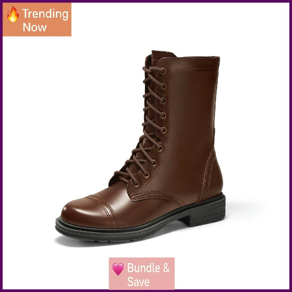 Women's Mid Calf Combat Boots Low Heel Lace Up Round Toe Side Zipper